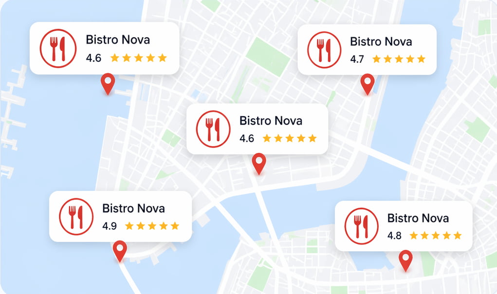 Stylized map showing multiple business locations